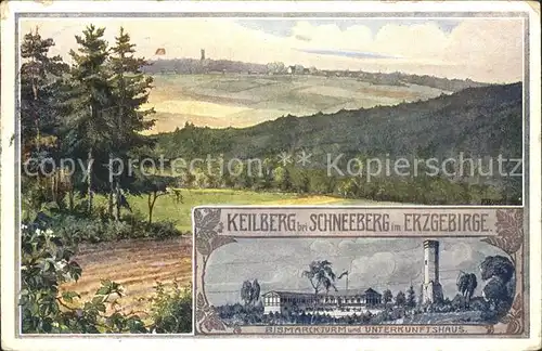 AK / Ansichtskarte Schneeberg Erzgebirge Panorama mit Keilberg Bismarckturm Unterkunftshaus Kuenstlerkarte Kat. Schneeberg