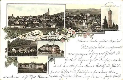 AK / Ansichtskarte Schneeberg Erzgebirge Ortsansicht mit Kirche Seminar Gymnasium Keilbergturm Gleesberg Litho Kat. Schneeberg