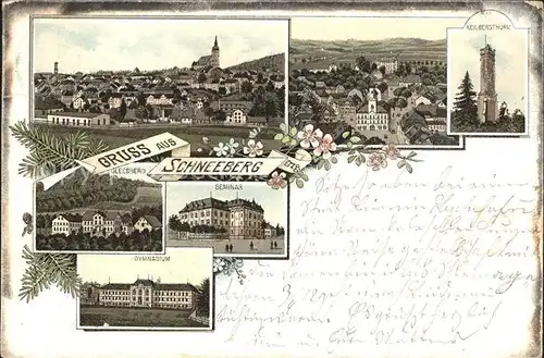 AK / Ansichtskarte Schneeberg Erzgebirge Ortsansicht mit Kirche Seminar Gymnasium Keilbergturm Gleesberg Litho Kat. Schneeberg