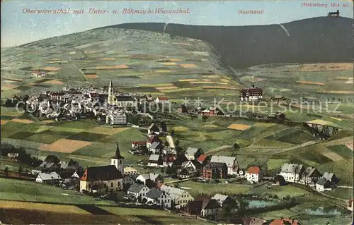 AK / Ansichtskarte Oberwiesenthal Erzgebirge mit Unter und Boehm Wiesenthal Sporthotel und Fichtelberg Kat. Oberwiesenthal