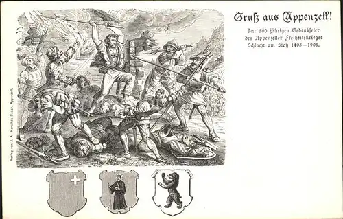 AK / Ansichtskarte Appenzell IR 500jaehrige Gedenkfeier des Freiheitskrieges Schlacht am Stolz Wappen Kuenstlerkarte Kat. Appenzell