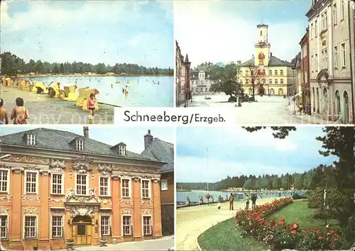 AK / Ansichtskarte Schneeberg Erzgebirge Waldstrandbad Filzteich Ernst Thaelmann Platz Rathaus Museum bergmaennische Volkskunst Kat. Schneeberg