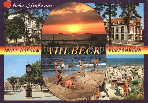 AK / Ansichtskarte Ahlbeck Ostseebad Hotels Standuhr Promenade Strand Sonnenuntergang Kat. Heringsdorf Insel Usedom
