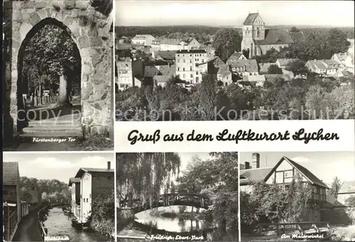 AK / Ansichtskarte Lychen Fuerstenberger Tor Kirche Muehlbach Friedrich Ebert Park Malerwinkel Kat. Lychen