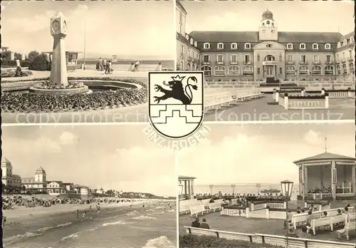 AK / Ansichtskarte Binz Ruegen Strandpromenade Uhr Kurhotel Konzertpavillon Wappen Kat. Binz