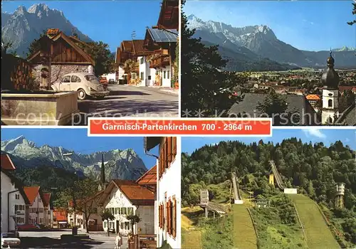 AK / Ansichtskarte Garmisch Partenkirchen Zugspitzgruppe Floriansbrunnen Olympia Stadion Sprungschanzen Kat. Garmisch Partenkirchen