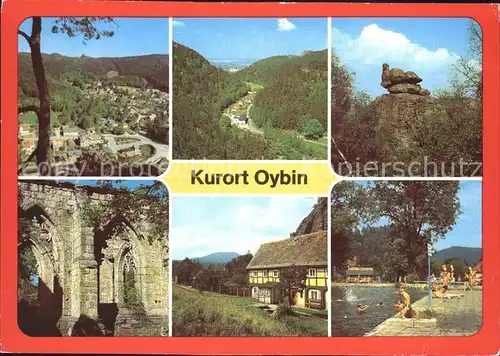AK / Ansichtskarte Oybin Panorama Bruetende Henne auf dem Toepfer Felsen Freibad Klosterruine Hochwald Zittauer Gebirge Kat. Kurort Oybin
