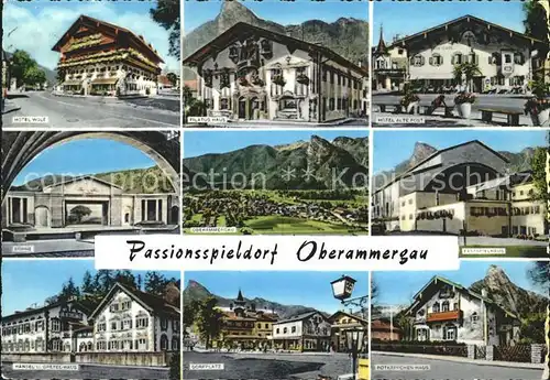 AK / Ansichtskarte Oberammergau Passionsspieldorf Hotels Festspielhaus Buehne Dorfplatz Kat. Oberammergau