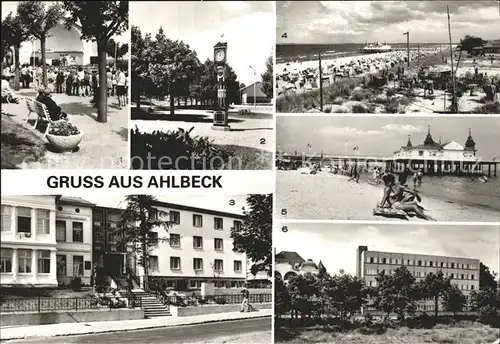 AK / Ansichtskarte Ahlbeck Uecker Randow Seebruecke Stranduhr Konzertpavillon Erholungshem May Kreuzinger Kat. Ahlbeck