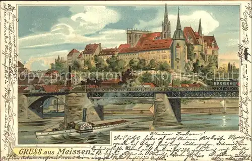 AK / Ansichtskarte Meissen Elbe Sachsen Elbe Dampfer Bruecke Burgberg Albrechtsburg Litho Kat. Meissen