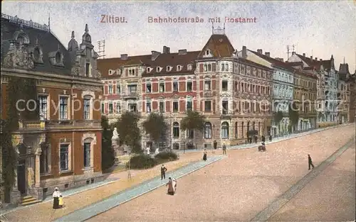 AK / Ansichtskarte Zittau Bahnhofstrasse mit Postamt Kat. Zittau