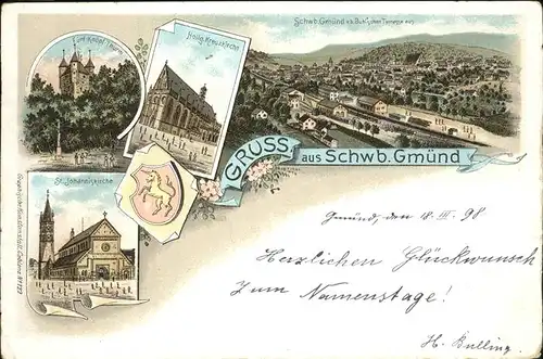 AK / Ansichtskarte Schwaebisch Gmuend Wappen Einhorn Bahnhof S. Johanniskirche Kat. Schwaebisch Gmuend