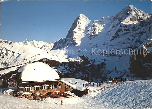 AK / Ansichtskarte Muerren BE Restaurant und Bergstation Allmendhubel Bahn mit Eiger und M?nch / Muerren /Bz. Interlaken