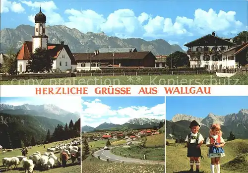 AK / Ansichtskarte Wallgau Ortsansicht mit Kirche Schafherde Kinder Trachten Alpen Kat. Wallgau
