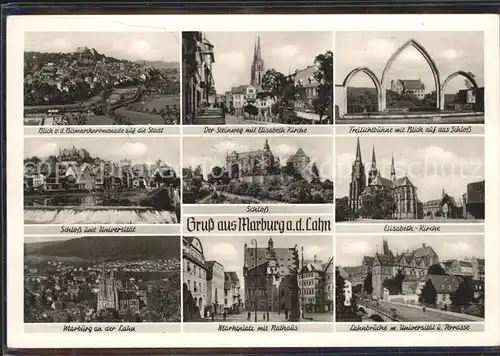 AK / Ansichtskarte Marburg Lahn Bismarckpromenade Steinweg Elisabethkirche Freilichtbuehne Schloss Universitaet Marktplatz Rathaus Lahnbruecke Kat. Marburg