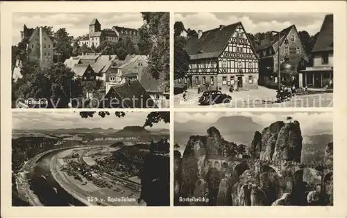 AK / Ansichtskarte Hohnstein Saechsische Schweiz Stadt und Schloss Hohnstein Markt Basteifelsen Basteibruecke Kat. Hohnstein