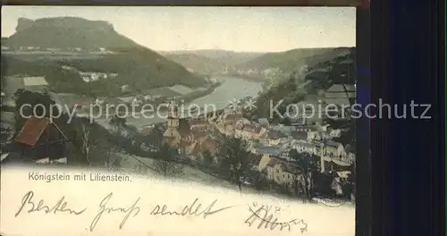 AK / Ansichtskarte Koenigstein Saechsische Schweiz Panorama mit Lilienstein Tafelberg Kat. Koenigstein Saechsische Schweiz