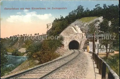 AK / Ansichtskarte Lichtenwalde Sachsen Harrasfelsen mit Koernerkreuz Eisenbahn Tunnel Zschopautal / Niederwiesa /Mittelsachsen LKR