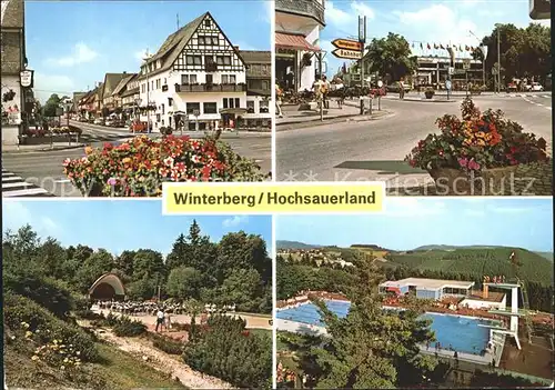 AK / Ansichtskarte Winterberg Hochsauerland Strassenpartie Schwimmbad Konzertplatz Kat. Winterberg