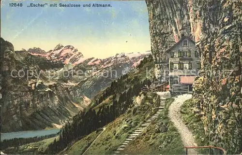 AK / Ansichtskarte Aescher Wildkirchli Berggasthaus Escher mit Seealpsee und Altmann Appenzeller Alpen Kat. Weissbad