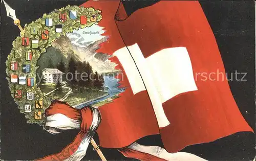 AK / Ansichtskarte Seealpsee Berggasthaus Appenzeller Alpen Schweizer Flagge Wappen Kuenstlerkarte Kat. Schwende