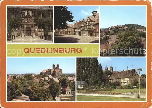AK / Ansichtskarte Quedlinburg Rathausportal Schlossberg Fachwerkhaeuser Muenzenberg Schloss Stiftskirche Wordplatzgarten Kat. Quedlinburg