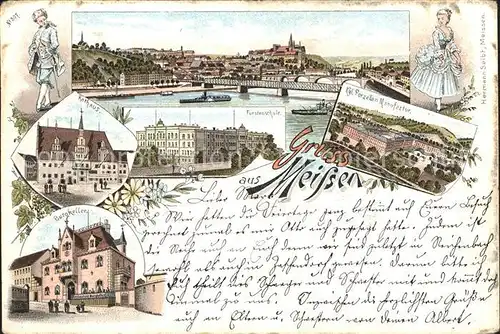 AK / Ansichtskarte Meissen Elbe Sachsen Panorama Burgberg Albrechtsburg Rathaus Fuerstenschule Porzellan Manufaktur Burgkeller Litho Reichspost Kat. Meissen