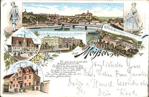 AK / Ansichtskarte Meissen Elbe Sachsen Panorama Burgberg Albrechtsburg Porzellan Manufaktur Fuerstenschule Rathaus Burgkeller Litho Reichspost Kat. Meissen