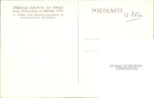 AK / Ansichtskarte Meissen Elbe Sachsen 200jaehrige Jubelfeier der Koeniglichen Porzellan Manufaktur Porzellanfiguren 2. Schaefergruppen Jahreszeitengruppen im altfranzoesischen Geschmack Kat. Meissen