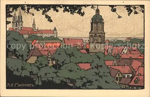 AK / Ansichtskarte Alt Meissen Elbe Blick von der Landwirtschaftlichen Schule Altstadt Frauenkirche Albrechtsburg Dom Kuenstler Steinzeichnung Kat. Meissen