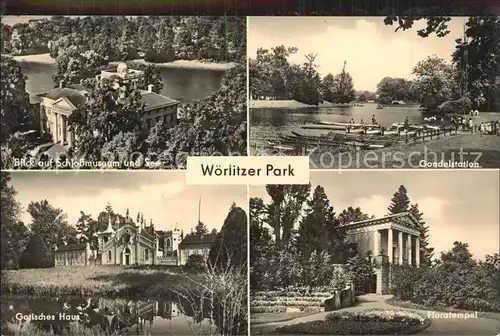 AK / Ansichtskarte Woerlitz Woerlitzer Park Schlossmuseum See Gondelstation Floratempel Gotisches Haus Kat. Woerlitz