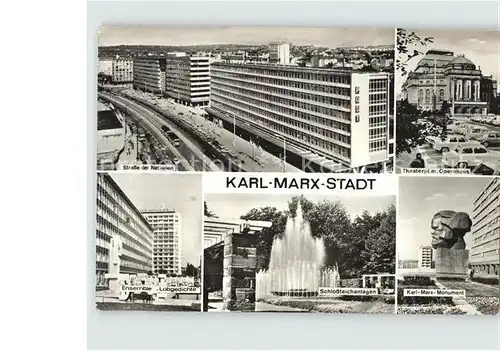 AK / Ansichtskarte Karl Marx Stadt Strasse der Nationen Theaterplatz Opernhaus Karl Marx Monument Schlossteichanlagen Fontaene Ensemble Lobgedichte Kat. Chemnitz