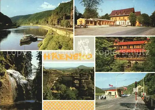 AK / Ansichtskarte Hrensko Elbe Anleger Hotel Restaurant Wasserfall Gebirgspanorama Grenze Kat. Herrnskretschen