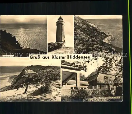 AK / Ansichtskarte Kloster Hiddensee Sonnenuntergang Kueste Leuchtturm Dornbusch Gerhart Hauptmann Haus Museum Steilufer Wanderduene Kat. Insel Hiddensee