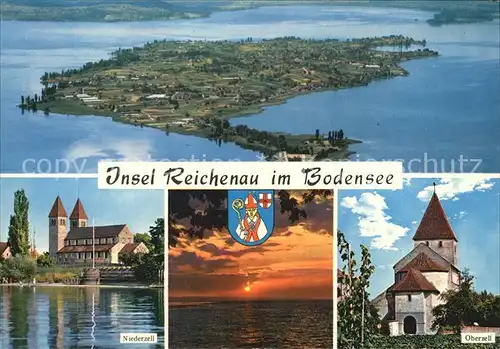 AK / Ansichtskarte Insel Reichenau Niederzell Oberzell Kirchen Sonnenuntergang Fliegeraufnahme Kat. Reichenau Bodensee