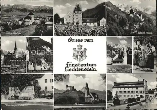 AK / Ansichtskarte Liechtenstein  Vaduz Schloss Rotes Haus Pfarrkirche Schlossblick Im Steg Trachten Rheinberger Denkmal Balzers Rathaus Kat. Liechtenstein