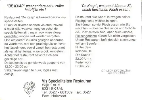 AK / Ansichtskarte Urk Vis Specialiteiten Restaurant De Kaap Kat. Niederlande