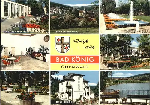 AK / Ansichtskarte Bad Koenig Odenwald Wandelhalle Wasserspiele Kurpark Brunnenhalle Kurpark Haus Bodmann Kuranlagen See Kat. Bad Koenig