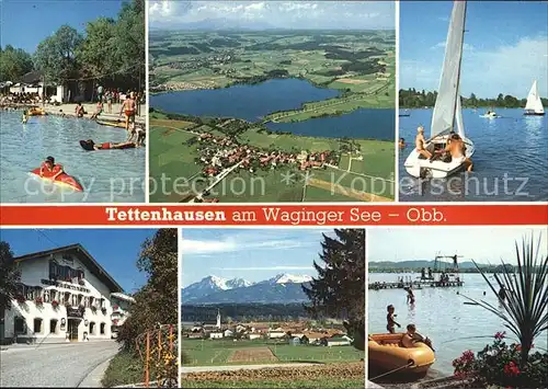 AK / Ansichtskarte Tettenhausen Waginger See Badestrand Segeln Gasthof Alpenpanorama Fliegeraufnahme Kat. Waging a.See