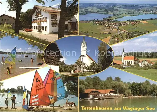AK / Ansichtskarte Tettenhausen Waginger See Badestrand Windsurfen Gasthof Kirche Fliegeraufnahme Kat. Waging a.See