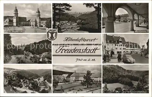 AK / Ansichtskarte Freudenstadt Stadtkirche Panorama Schwarzwald Baerenschloesschen Marktplatz mit Stadthaus Arkaden Bromsilber Kat. Freudenstadt