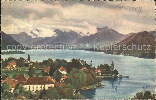 AK / Ansichtskarte Annecy Haute Savoie et son lac Massif des Bauges Alpes Collection La Douce France Peinture Kuenstlerkarte Kat. Annecy