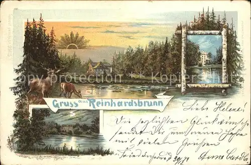 AK / Ansichtskarte Reinhardsbrunn Schloss bei Sonnenaufgang und im Mondschein Teich Hirsch Reh Litho Kat. Friedrichroda