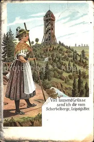 AK / Ansichtskarte Leipzig Scherbelberg Aussichtsturm Trachten Leipziger Berge Litho Kat. Leipzig