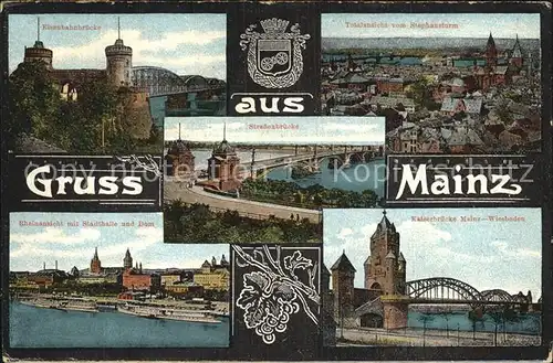 AK / Ansichtskarte Mainz Rhein Eisenbahnbruecke Blick vom Stephansturm Kaiserbruecke Rhein Stadthalle Dom Strassenbruecke