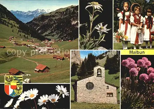 AK / Ansichtskarte Malbun Panorama Edelweiss Kapelle Blumen Kinder Trachten Kat. Triesenberg Liechtenstein