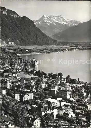 AK / Ansichtskarte Montreux VD Fliegeraufnahme avec Chateau de Chillon et Dents du Midi Kat. Montreux