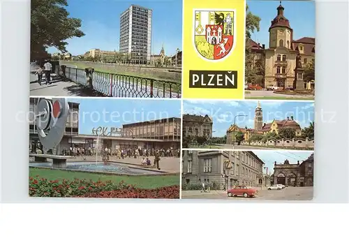 AK / Ansichtskarte Plzen Pilsen Hochhaus Kirche Platz Wasserspiele Wappen Kat. Plzen Pilsen