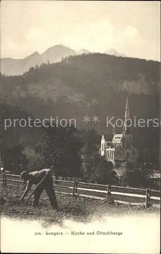 AK / Ansichtskarte Lungern Kirche und Oltschiberge Bergbauer Kat. Lungern