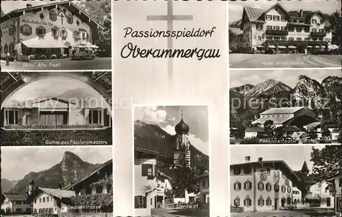 AK / Ansichtskarte Oberammergau Teilansichten Passionsspielort Kirche Theater Hotel Alpenblick Kat. Oberammergau